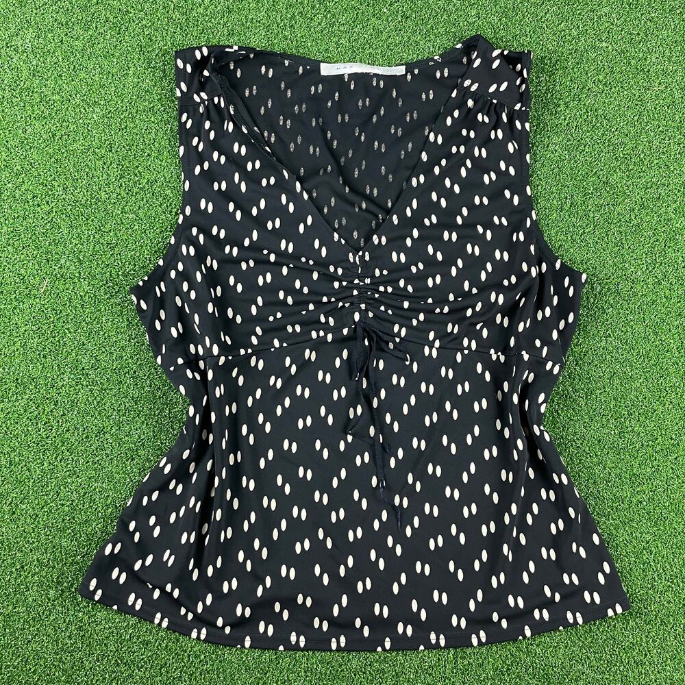Vintage 90s Y2K Max Studio Black & Ivory Dotted Print Cinched V Neck Tank Sz M